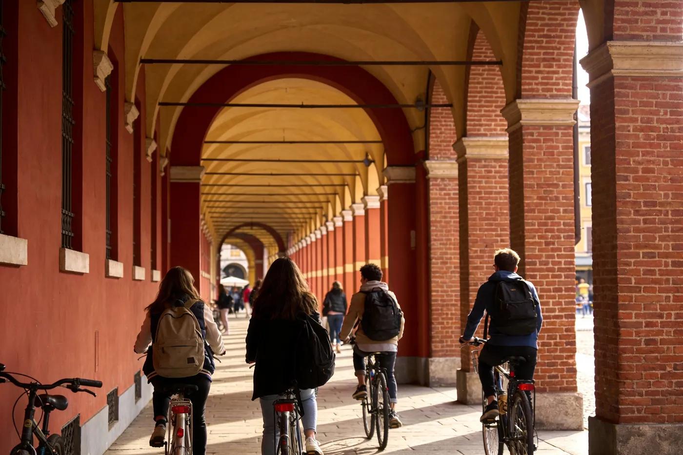 Des étudiants à pied et à vélo sous une longue galerie d'arcades en brique rouge