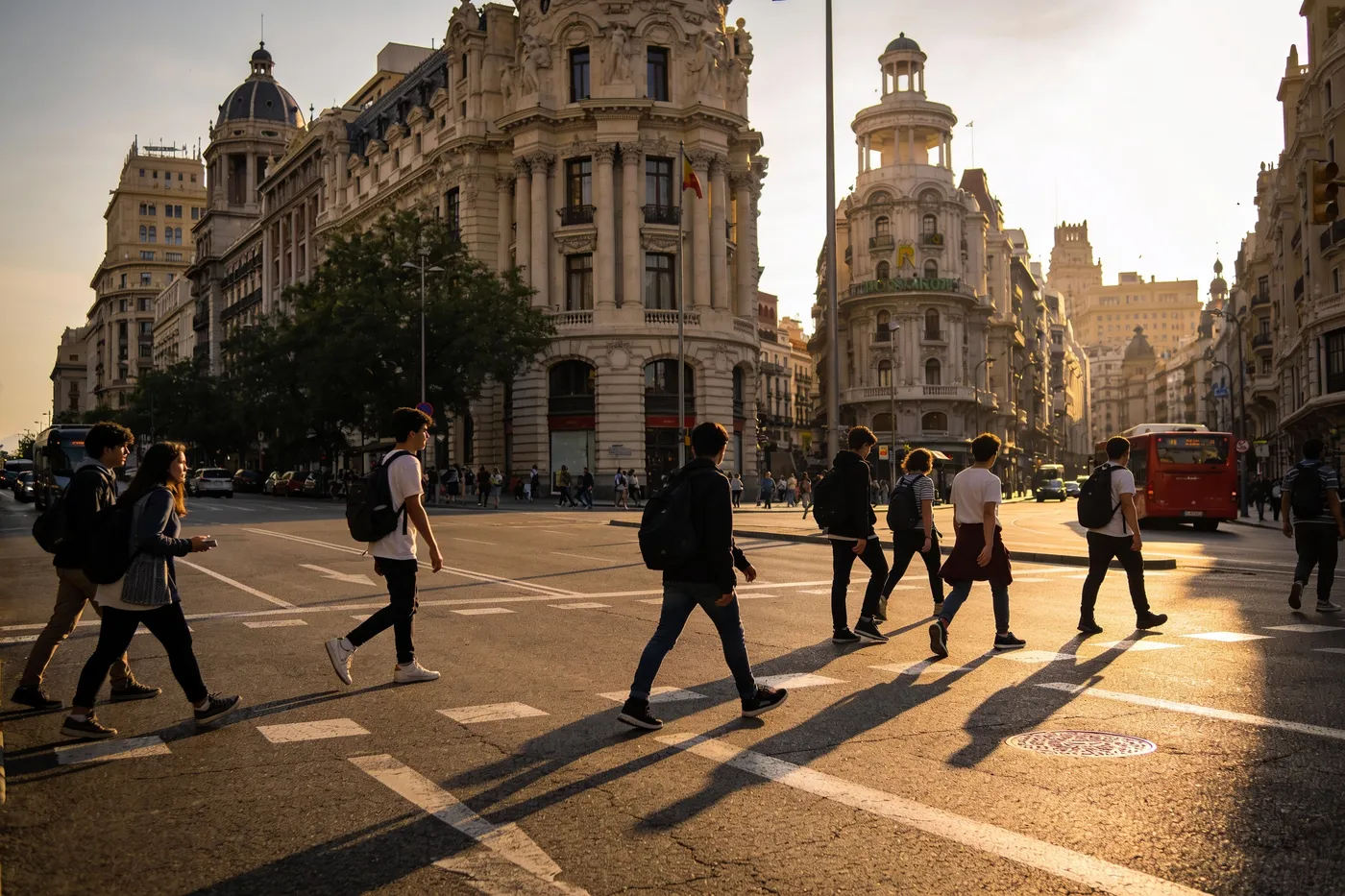 Des piétons traversent un large boulevard bordé d'immeubles ornés à coupoles, à la lumière du soir